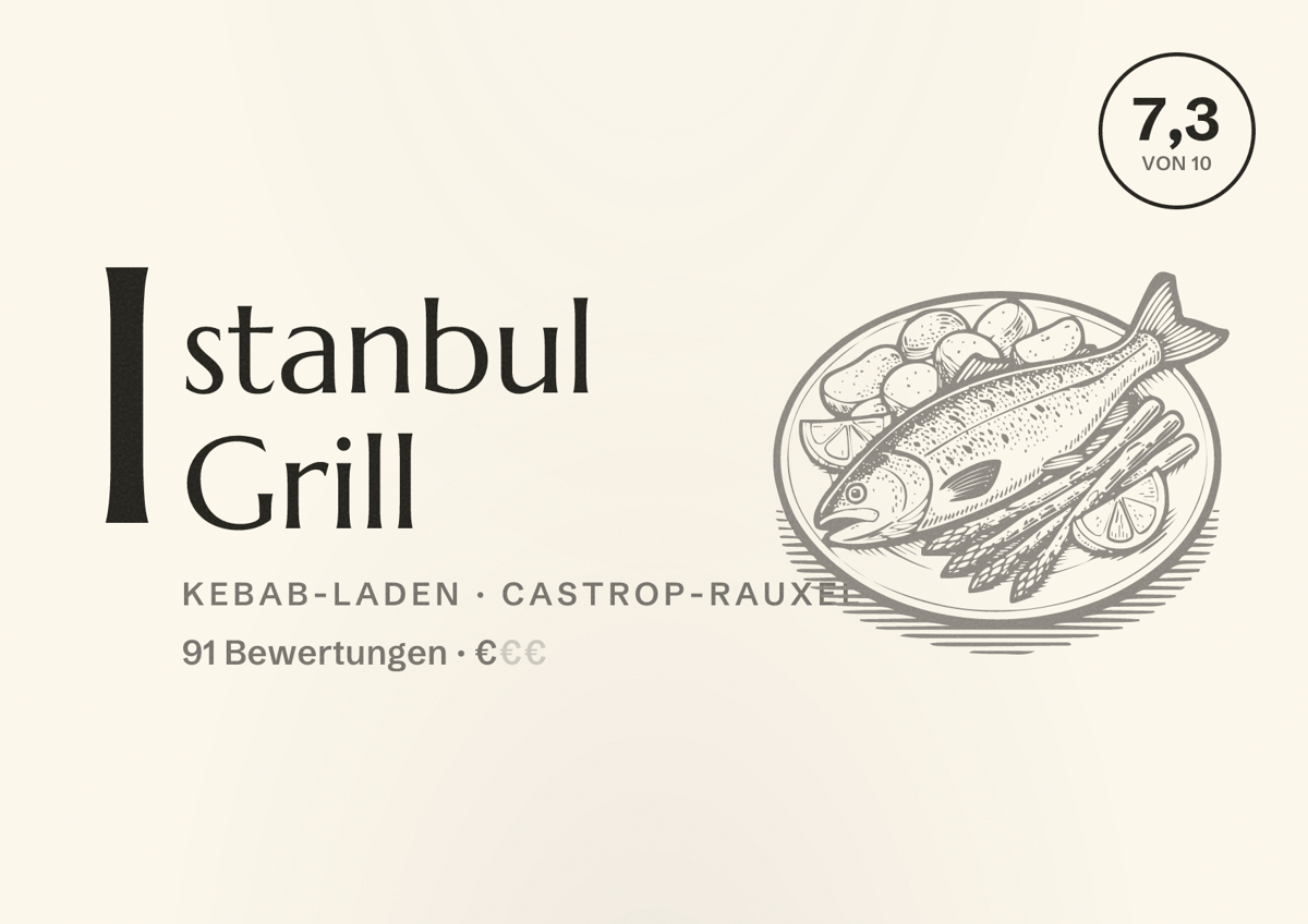 Illustriertes Poster von Istanbul Grill, Kebab-Laden in Castrop-Rauxel: Bewertung 7,3 von 10 aus 91 Bewertungen, Preisniveau €