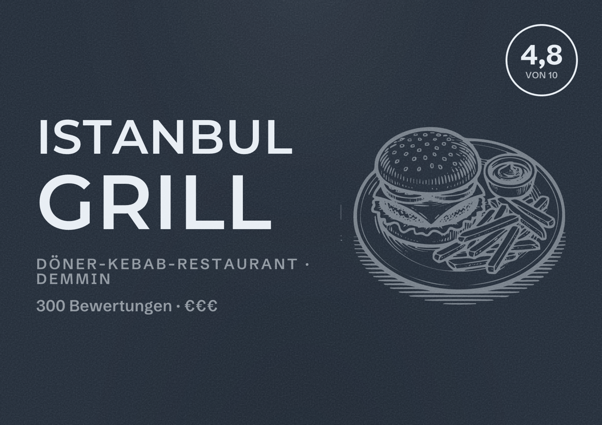 Illustriertes Poster von Istanbul Grill, Döner-Kebab-Restaurant in Demmin: Bewertung 4,8 von 10 aus 300 Bewertungen, Preisniveau €€€