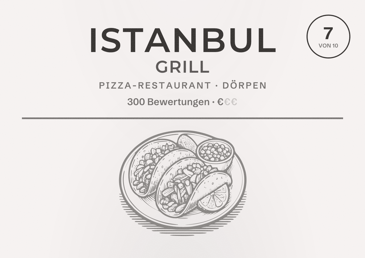 Illustriertes Poster von Istanbul Grill, Pizza-Restaurant in Dörpen: Bewertung 7 von 10 aus 300 Bewertungen, Preisniveau €