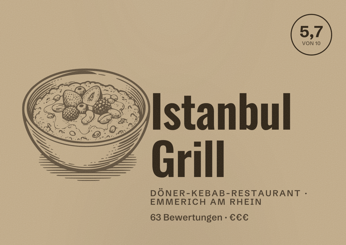 Illustriertes Poster von Istanbul Grill, Döner-Kebab-Restaurant in Emmerich am Rhein: Bewertung 5,7 von 10 aus 63 Bewertungen, Preisniveau €€€