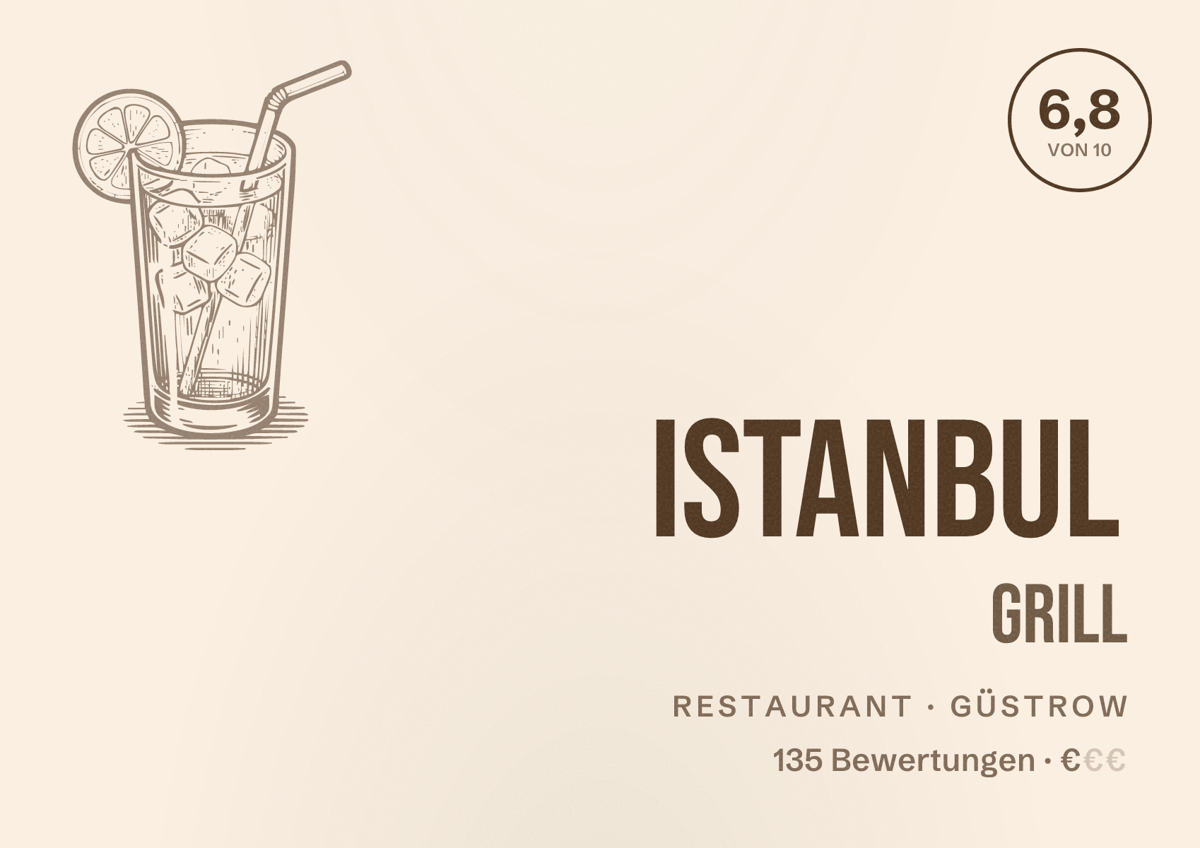 Illustriertes Poster von Istanbul Grill, Restaurant in Güstrow: Bewertung 6,8 von 10 aus 135 Bewertungen, Preisniveau €