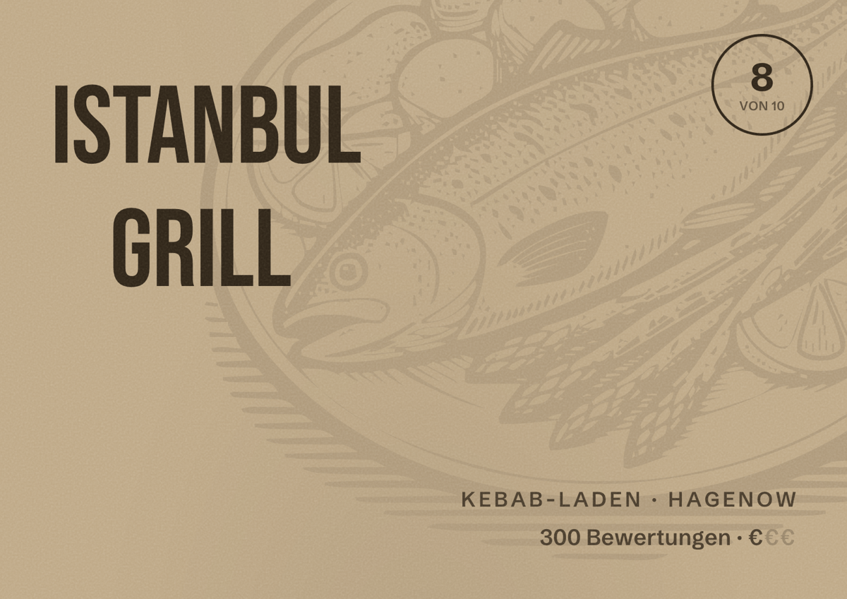 Illustriertes Poster von Istanbul Grill, Kebab-Laden in Hagenow: Bewertung 8 von 10 aus 300 Bewertungen, Preisniveau €
