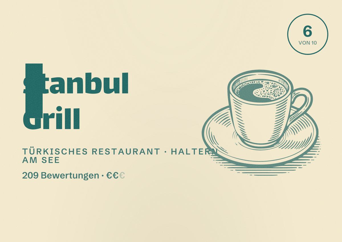 Illustriertes Poster von Istanbul Grill, Türkisches Restaurant in Haltern am See: Bewertung 6 von 10 aus 209 Bewertungen, Preisniveau €€