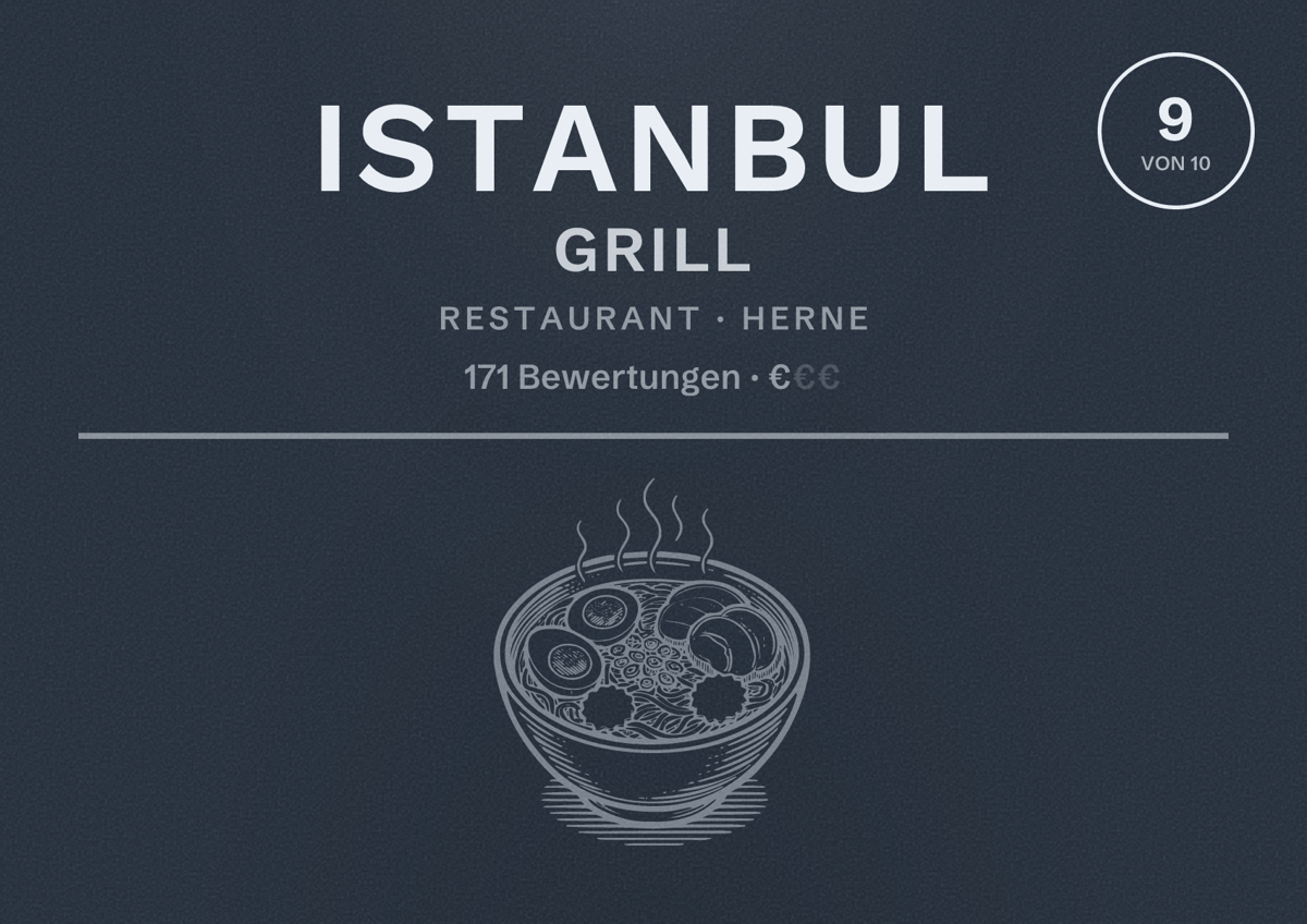 Illustriertes Poster von Istanbul Grill, Restaurant in Herne: Bewertung 9 von 10 aus 171 Bewertungen, Preisniveau €