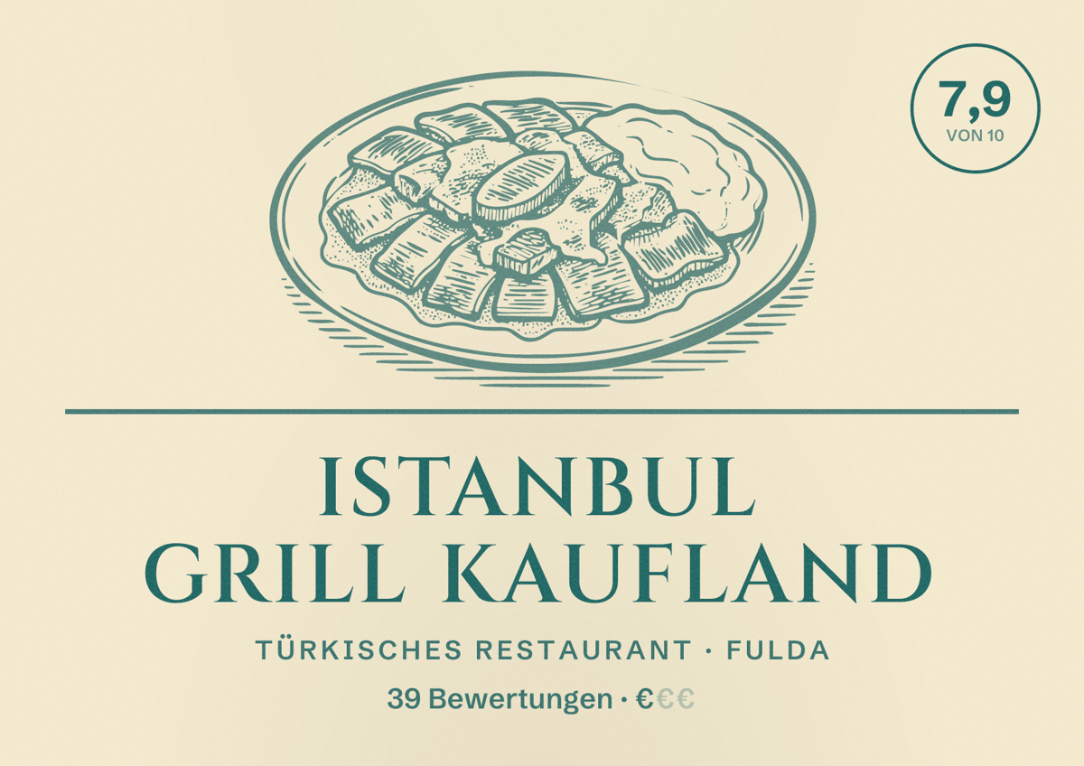 Illustriertes Poster von Istanbul Grill Kaufland, Türkisches Restaurant in Fulda: Bewertung 7,9 von 10 aus 39 Bewertungen, Preisniveau €