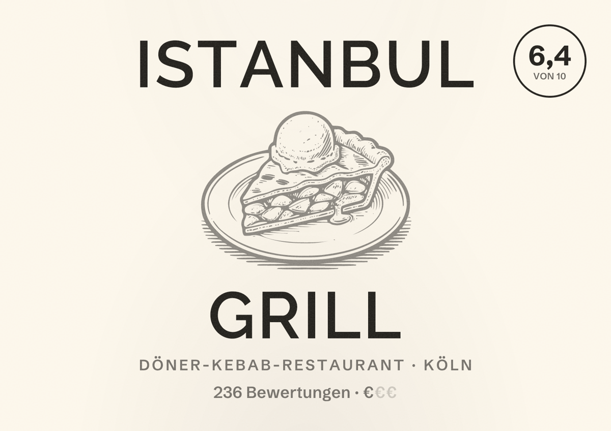Illustriertes Poster von Istanbul Grill, Döner-Kebab-Restaurant in Köln: Bewertung 6,4 von 10 aus 236 Bewertungen, Preisniveau €