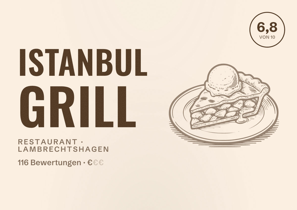 Illustriertes Poster von Istanbul Grill, Restaurant in Lambrechtshagen: Bewertung 6,8 von 10 aus 116 Bewertungen, Preisniveau €
