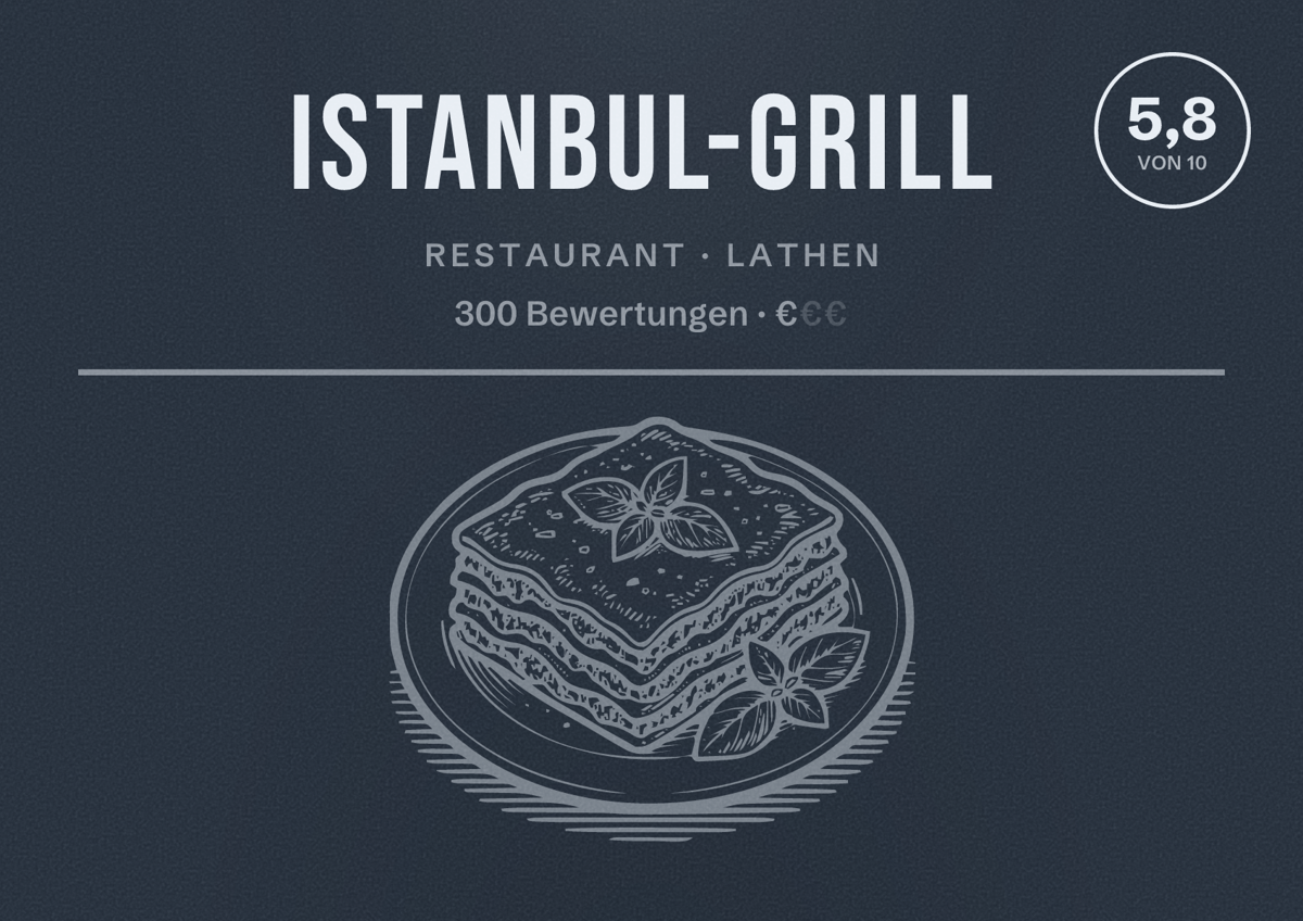 Illustriertes Poster von Istanbul-Grill, Restaurant in Lathen: Bewertung 5,8 von 10 aus 300 Bewertungen, Preisniveau €