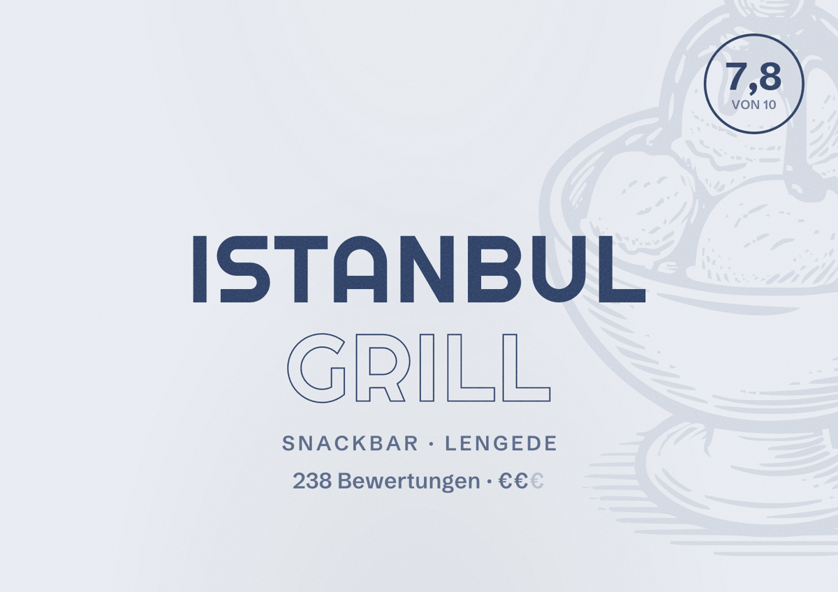 Illustriertes Poster von Istanbul Grill, Snackbar in Lengede: Bewertung 7,8 von 10 aus 238 Bewertungen, Preisniveau €€