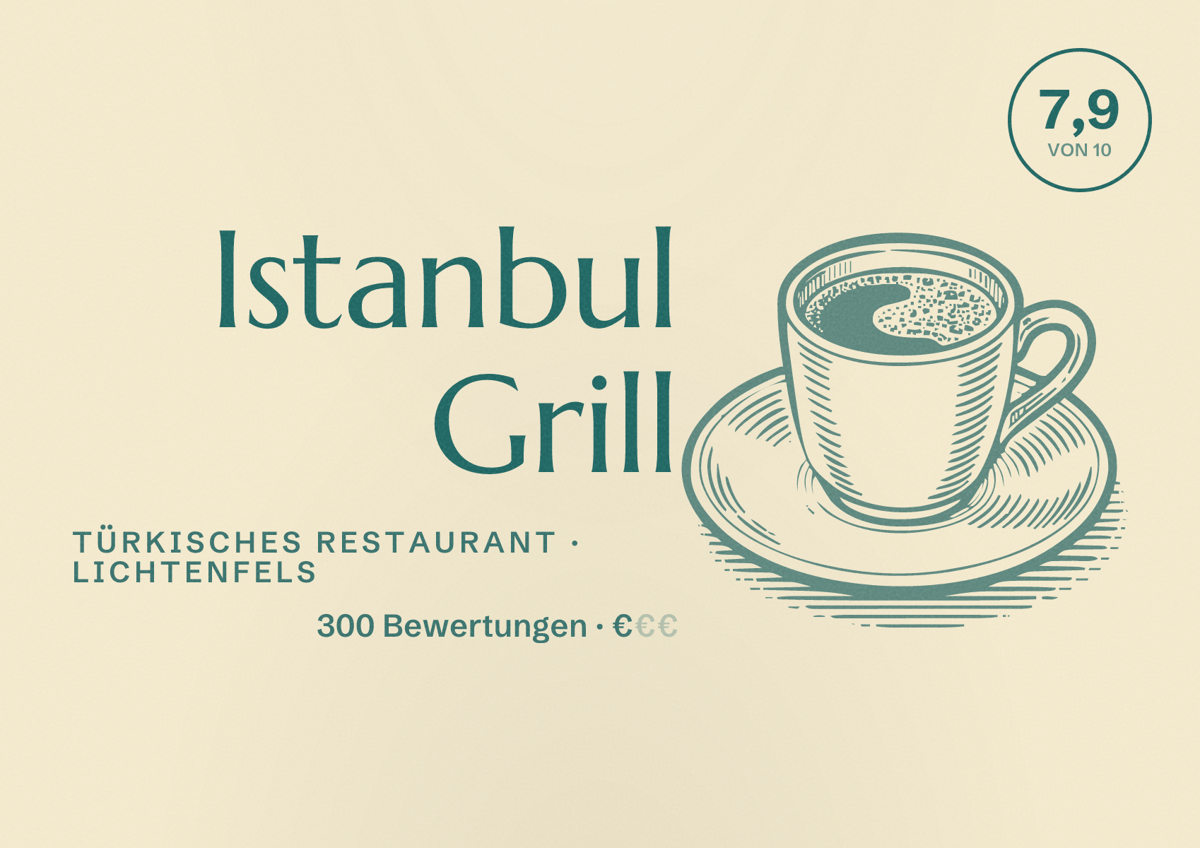 Illustriertes Poster von Istanbul Grill, Türkisches Restaurant in Lichtenfels: Bewertung 7,9 von 10 aus 300 Bewertungen, Preisniveau €