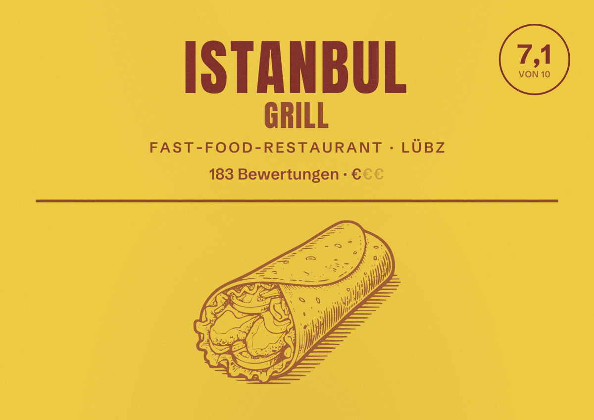 Illustriertes Poster von Istanbul Grill, Fast-Food-Restaurant in Lübz: Bewertung 7,1 von 10 aus 183 Bewertungen, Preisniveau €
