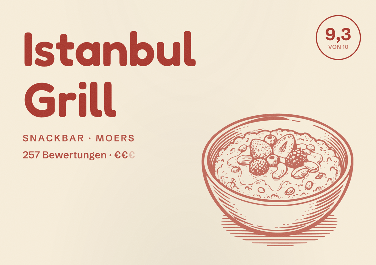 Illustriertes Poster von Istanbul Grill, Snackbar in Moers: Bewertung 9,3 von 10 aus 257 Bewertungen, Preisniveau €€
