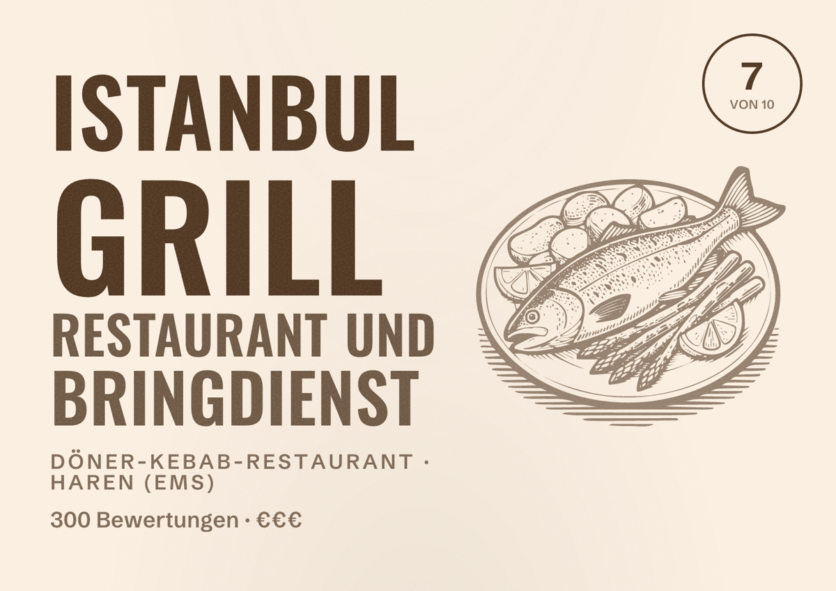 Illustriertes Poster von Istanbul Grill Restaurant und Bringdienst, Döner-Kebab-Restaurant in Haren (Ems): Bewertung 7 von 10 aus 300 Bewertungen, Preisniveau €€€