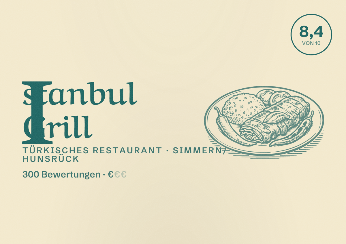 Illustriertes Poster von Istanbul Grill, Türkisches Restaurant in Simmern/Hunsrück: Bewertung 8,4 von 10 aus 300 Bewertungen, Preisniveau €