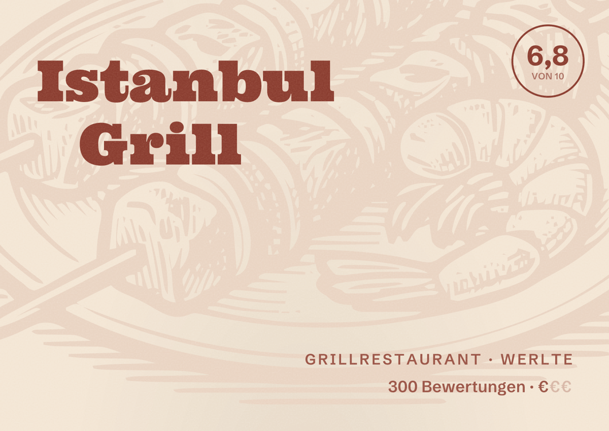 Illustriertes Poster von Istanbul Grill, Grillrestaurant in Werlte: Bewertung 6,8 von 10 aus 300 Bewertungen, Preisniveau €
