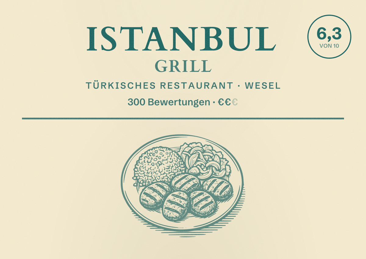 Illustriertes Poster von Istanbul Grill, Türkisches Restaurant in Wesel: Bewertung 6,3 von 10 aus 300 Bewertungen, Preisniveau €€
