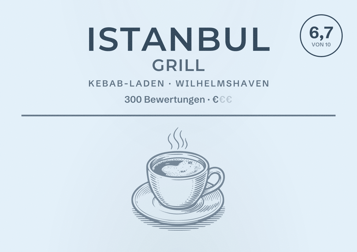 Illustriertes Poster von Istanbul Grill, Kebab-Laden in Wilhelmshaven: Bewertung 6,7 von 10 aus 300 Bewertungen, Preisniveau €