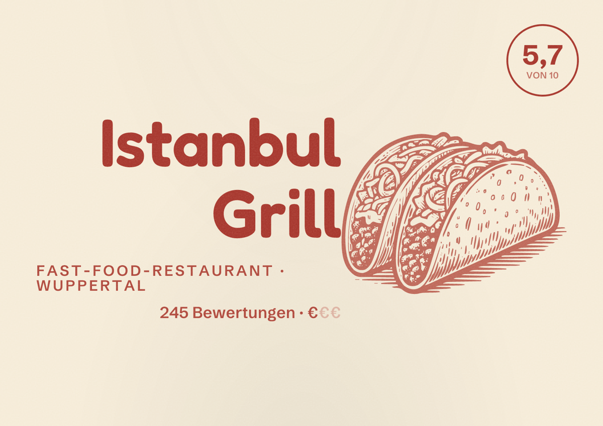 Illustriertes Poster von Istanbul Grill, Fast-Food-Restaurant in Wuppertal: Bewertung 5,7 von 10 aus 245 Bewertungen, Preisniveau €