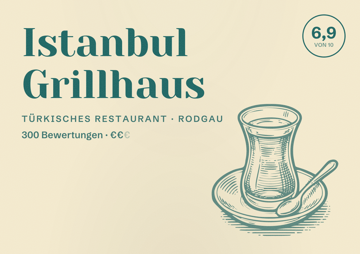 Illustriertes Poster von Istanbul Grillhaus, Türkisches Restaurant in Rodgau: Bewertung 6,9 von 10 aus 300 Bewertungen, Preisniveau €€