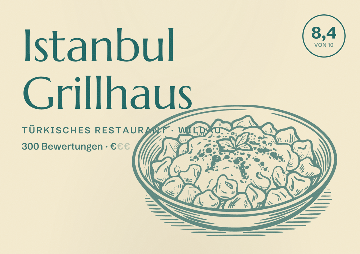 Illustriertes Poster von Istanbul Grillhaus, Türkisches Restaurant in Wildau: Bewertung 8,4 von 10 aus 300 Bewertungen, Preisniveau €