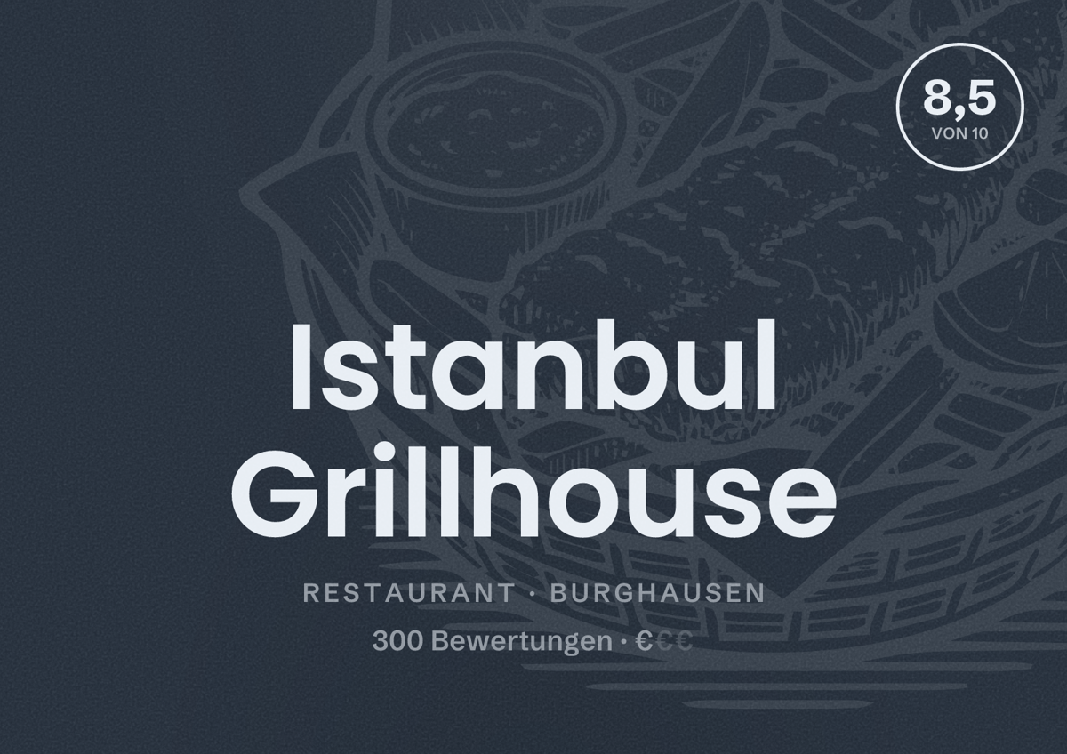 Illustriertes Poster von Istanbul Grillhouse, Restaurant in Burghausen: Bewertung 8,5 von 10 aus 300 Bewertungen, Preisniveau €