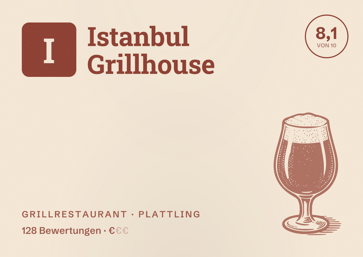 Illustriertes Poster von Istanbul Grillhouse, Grillrestaurant in Plattling: Bewertung 8,1 von 10 aus 128 Bewertungen, Preisniveau €