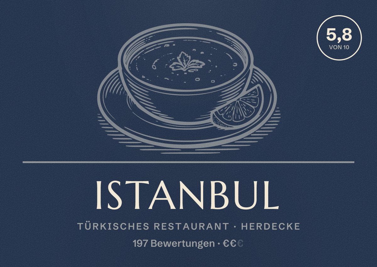 Illustriertes Poster von Istanbul, Türkisches Restaurant in Herdecke: Bewertung 5,8 von 10 aus 197 Bewertungen, Preisniveau €€