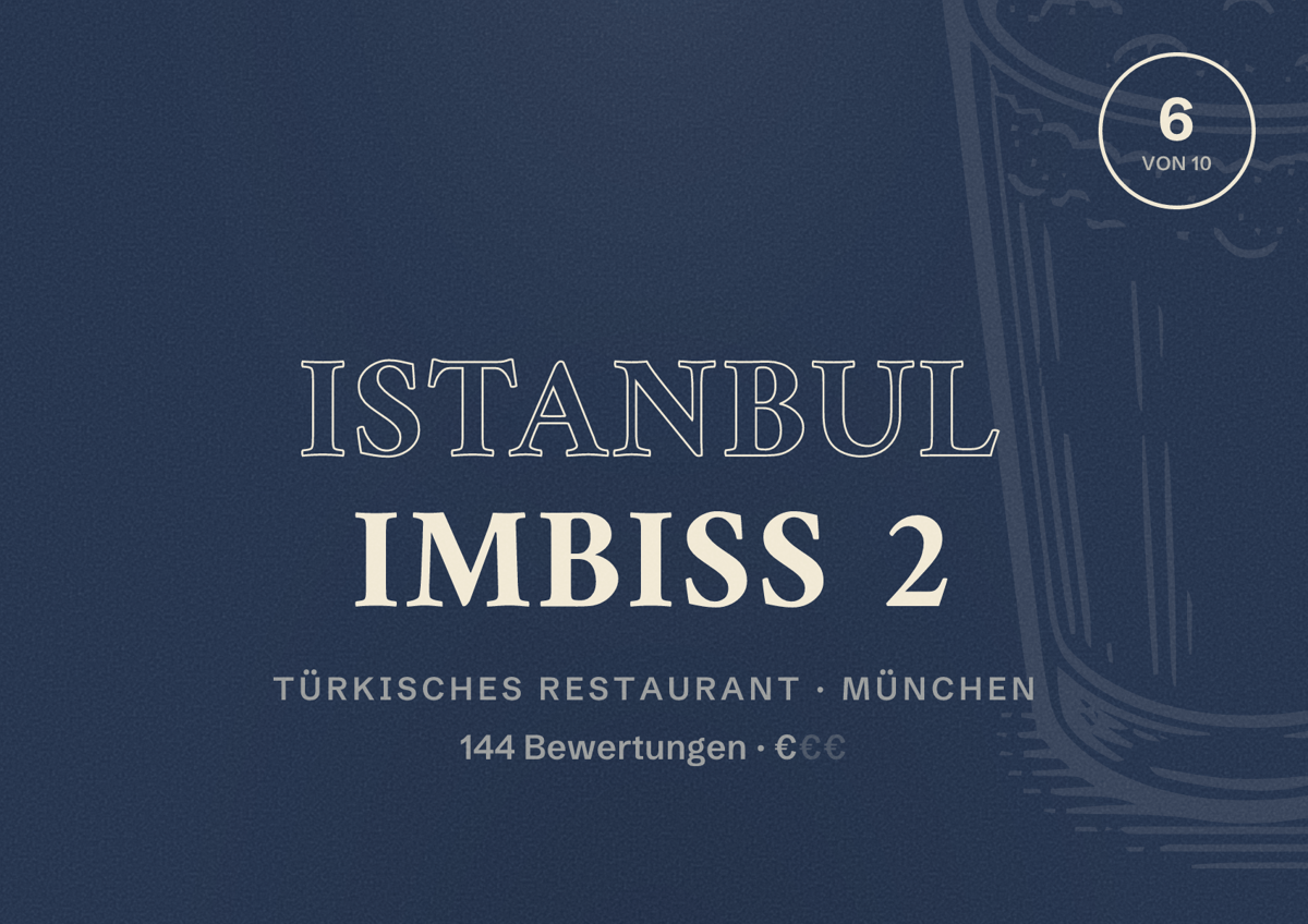 Illustriertes Poster von Istanbul Imbiss 2, Türkisches Restaurant in München: Bewertung 6,0 von 10 aus 144 Bewertungen, Preisniveau €