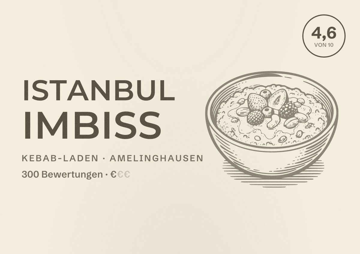 Illustriertes Poster von Istanbul Imbiss, Kebab-Laden in Amelinghausen: Bewertung 4,6 von 10 aus 300 Bewertungen, Preisniveau €
