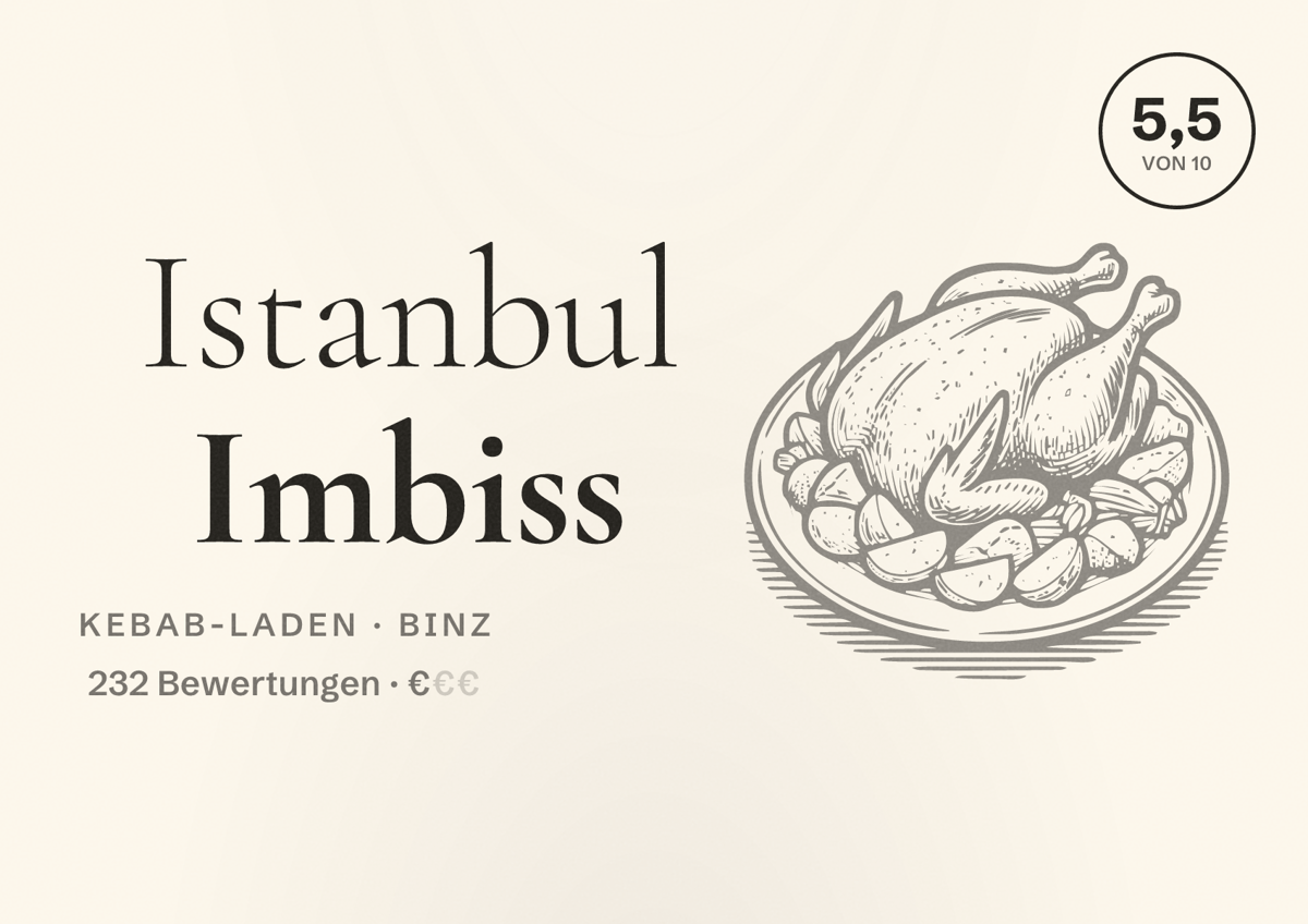 Illustriertes Poster von Istanbul Imbiss, Kebab-Laden in Binz: Bewertung 5,5 von 10 aus 232 Bewertungen, Preisniveau €