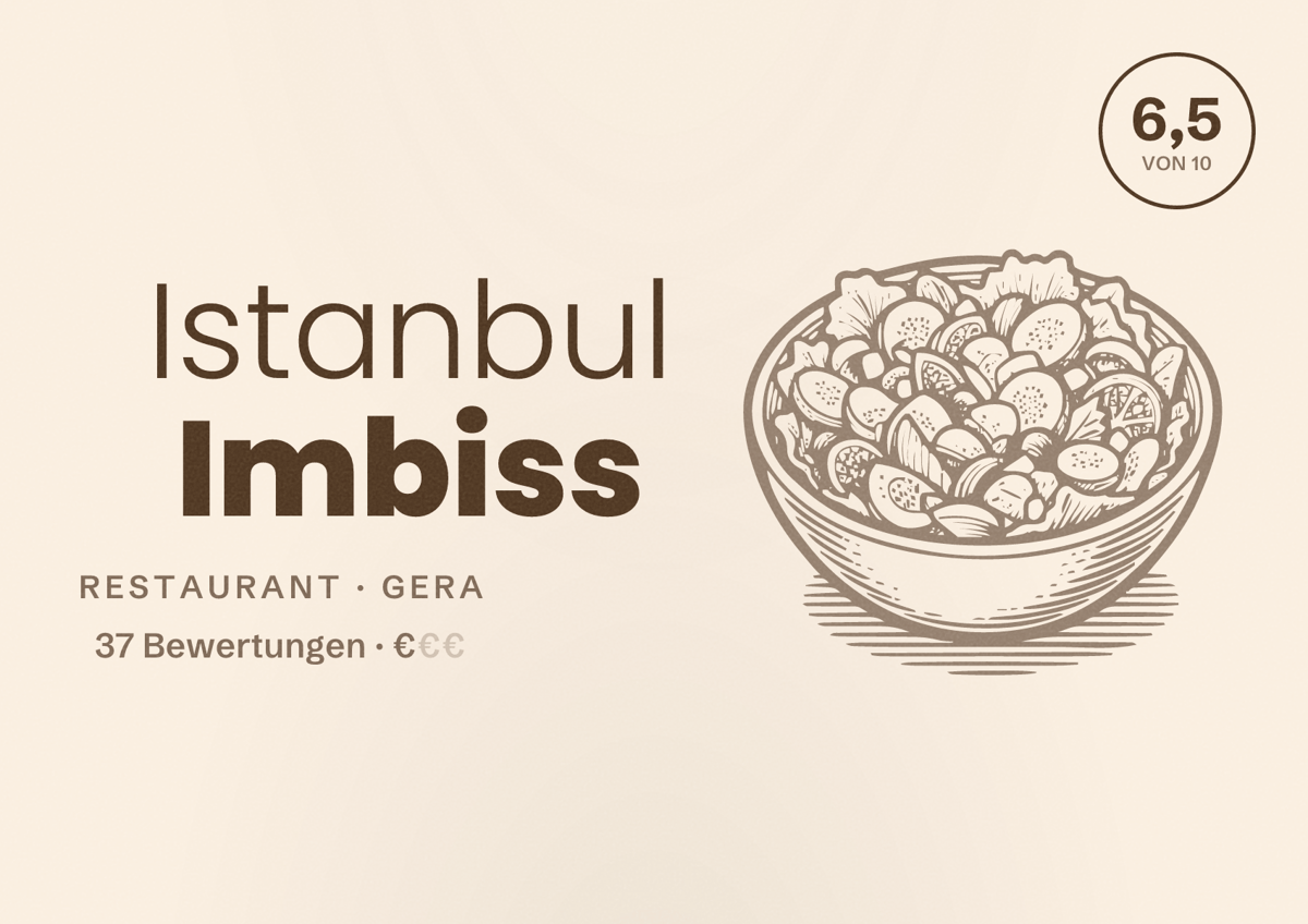 Illustriertes Poster von Istanbul Imbiss, Restaurant in Gera: Bewertung 6,5 von 10 aus 37 Bewertungen, Preisniveau €