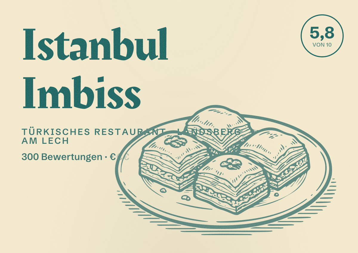 Illustriertes Poster von Istanbul Imbiss, Türkisches Restaurant in Landsberg am Lech: Bewertung 5,8 von 10 aus 300 Bewertungen, Preisniveau €