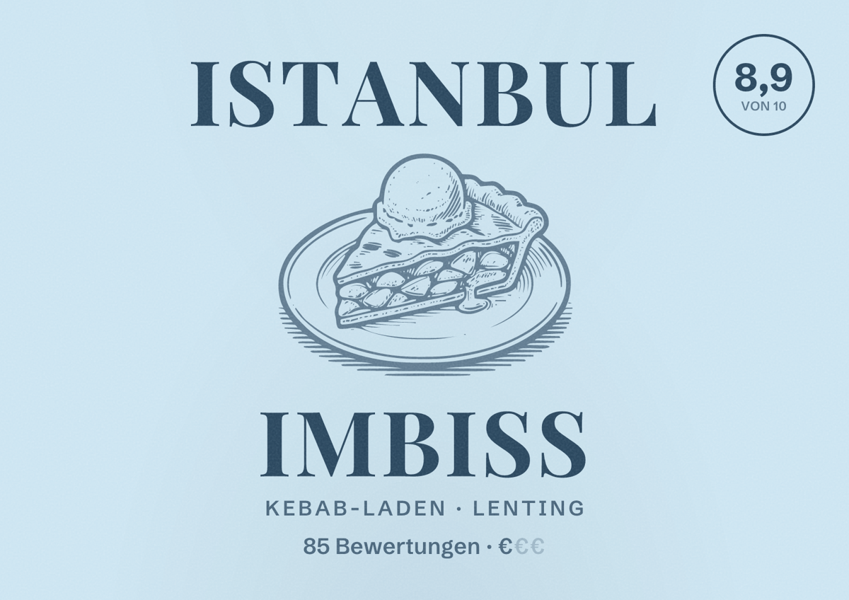 Illustriertes Poster von Istanbul Imbiss, Kebab-Laden in Lenting: Bewertung 8,9 von 10 aus 85 Bewertungen, Preisniveau €