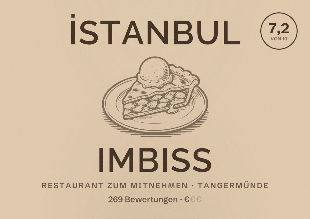 Illustriertes Poster von İstanbul Imbiss, Restaurant zum Mitnehmen in Tangermünde: Bewertung 7,2 von 10 aus 269 Bewertungen, Preisniveau €