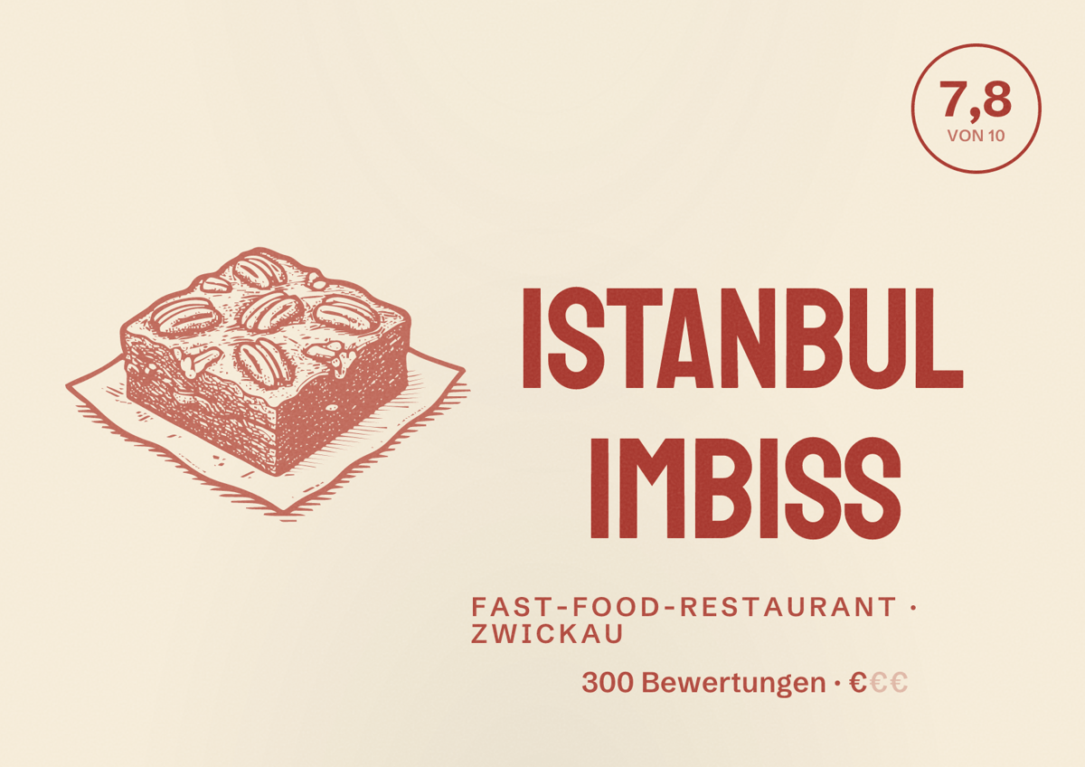 Illustriertes Poster von ISTANBUL Imbiss, Fast-Food-Restaurant in Zwickau: Bewertung 7,8 von 10 aus 300 Bewertungen, Preisniveau €