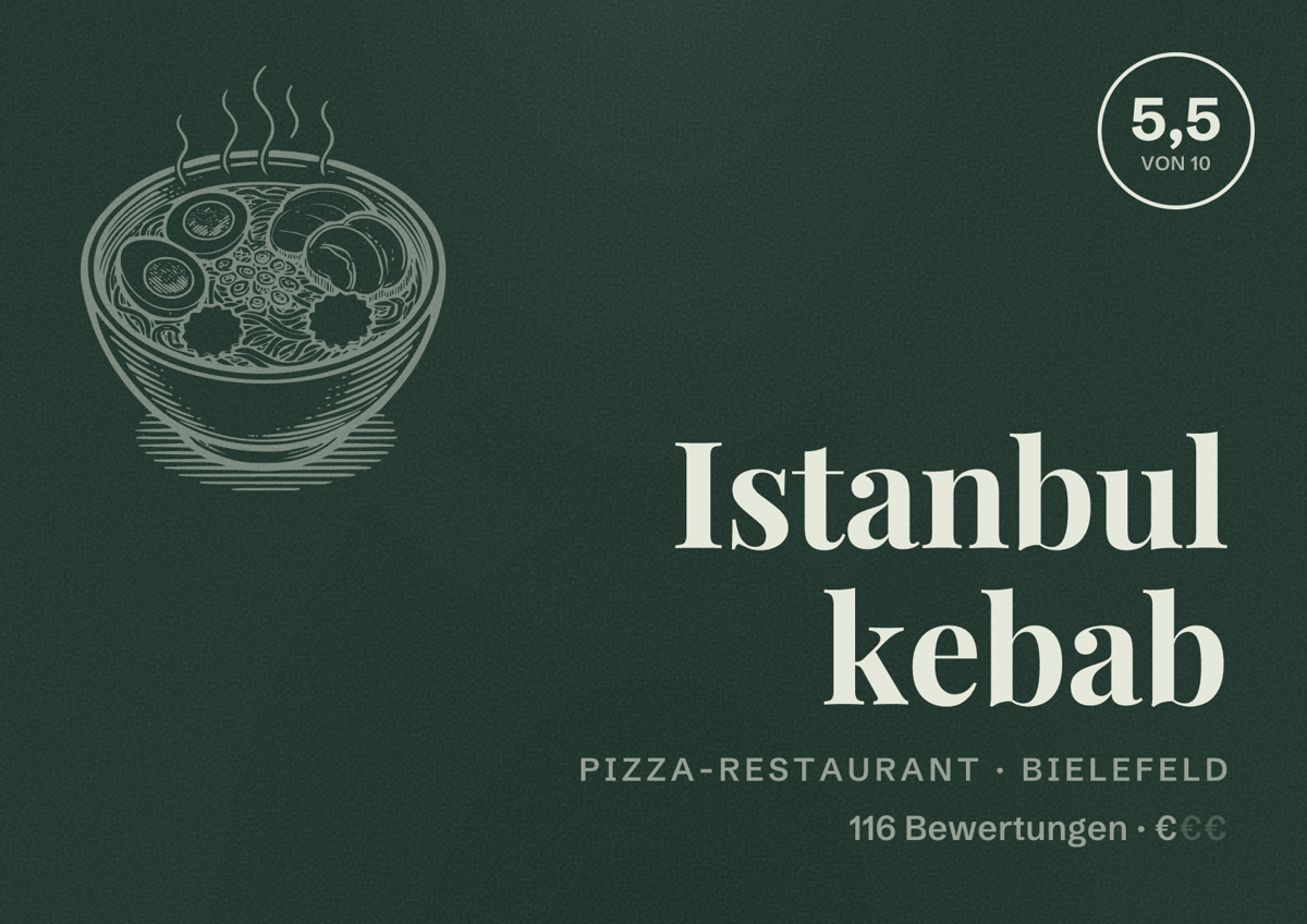Illustriertes Poster von Istanbul kebab, Pizza-Restaurant in Bielefeld: Bewertung 5,5 von 10 aus 116 Bewertungen, Preisniveau €