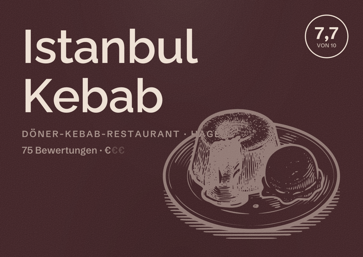 Illustriertes Poster von Istanbul Kebab, Döner-Kebab-Restaurant in Hagen: Bewertung 7,7 von 10 aus 75 Bewertungen, Preisniveau €