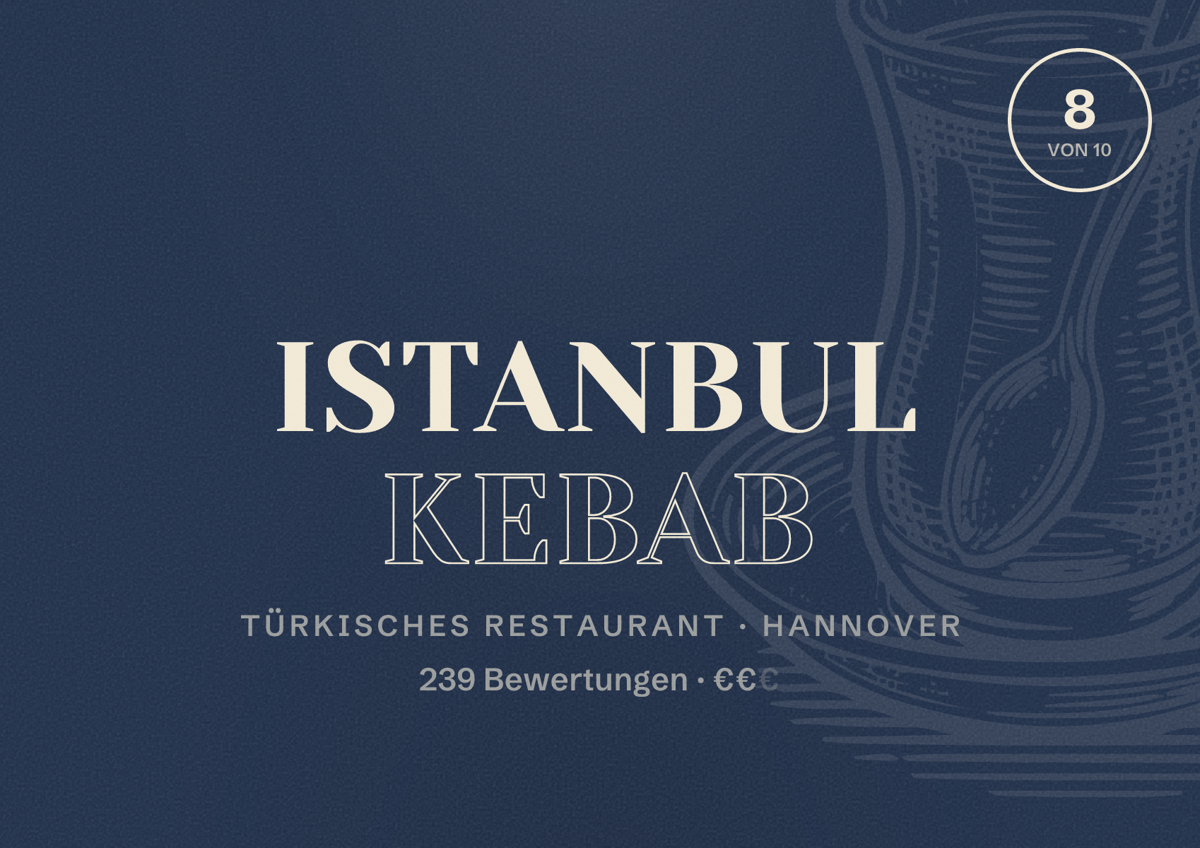 Illustriertes Poster von Istanbul Kebab, Türkisches Restaurant in Hannover: Bewertung 8,0 von 10 aus 239 Bewertungen, Preisniveau €€