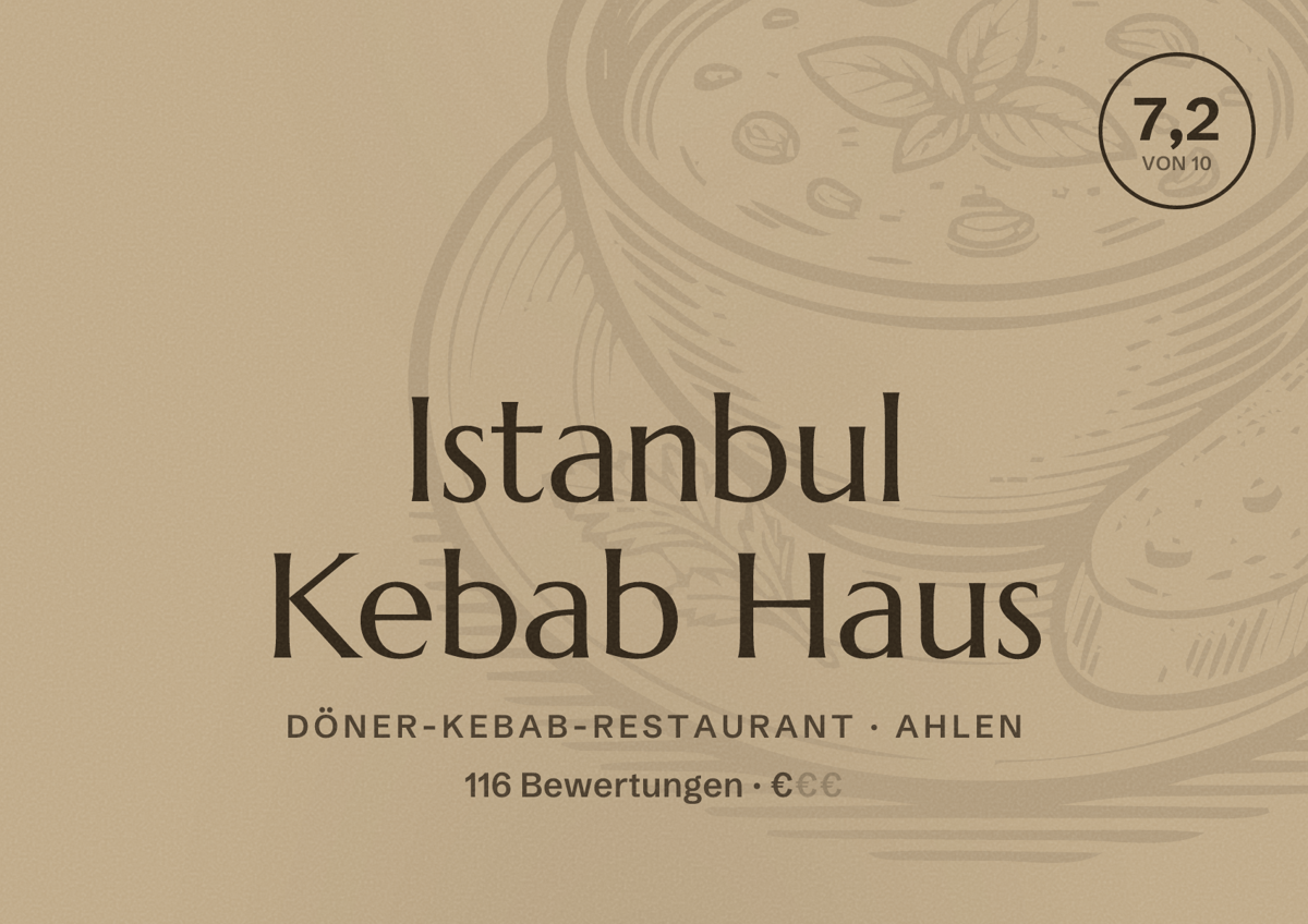 Illustriertes Poster von Istanbul Kebab Haus, Döner-Kebab-Restaurant in Ahlen: Bewertung 7,2 von 10 aus 116 Bewertungen, Preisniveau €
