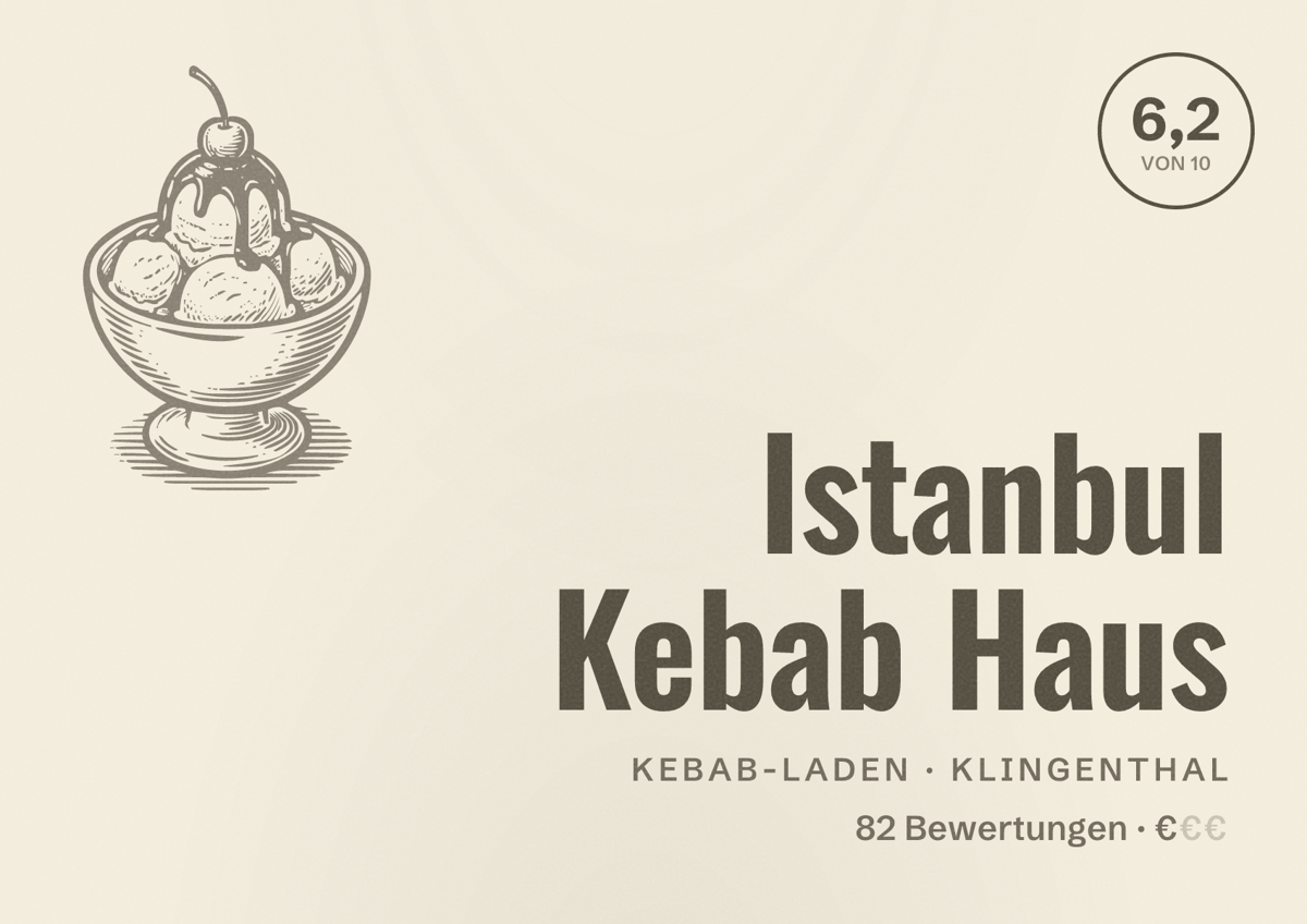 Illustriertes Poster von Istanbul Kebab Haus, Kebab-Laden in Klingenthal: Bewertung 6,2 von 10 aus 82 Bewertungen, Preisniveau €