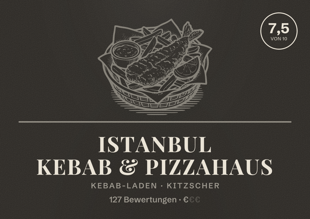 Illustriertes Poster von Istanbul Kebab & Pizzahaus, Kebab-Laden in Kitzscher: Bewertung 7,5 von 10 aus 127 Bewertungen, Preisniveau €