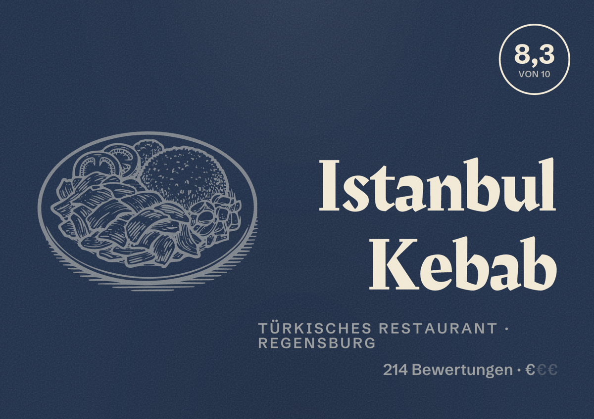 Illustriertes Poster von Istanbul Kebab, Türkisches Restaurant in Regensburg: Bewertung 8,3 von 10 aus 214 Bewertungen, Preisniveau €