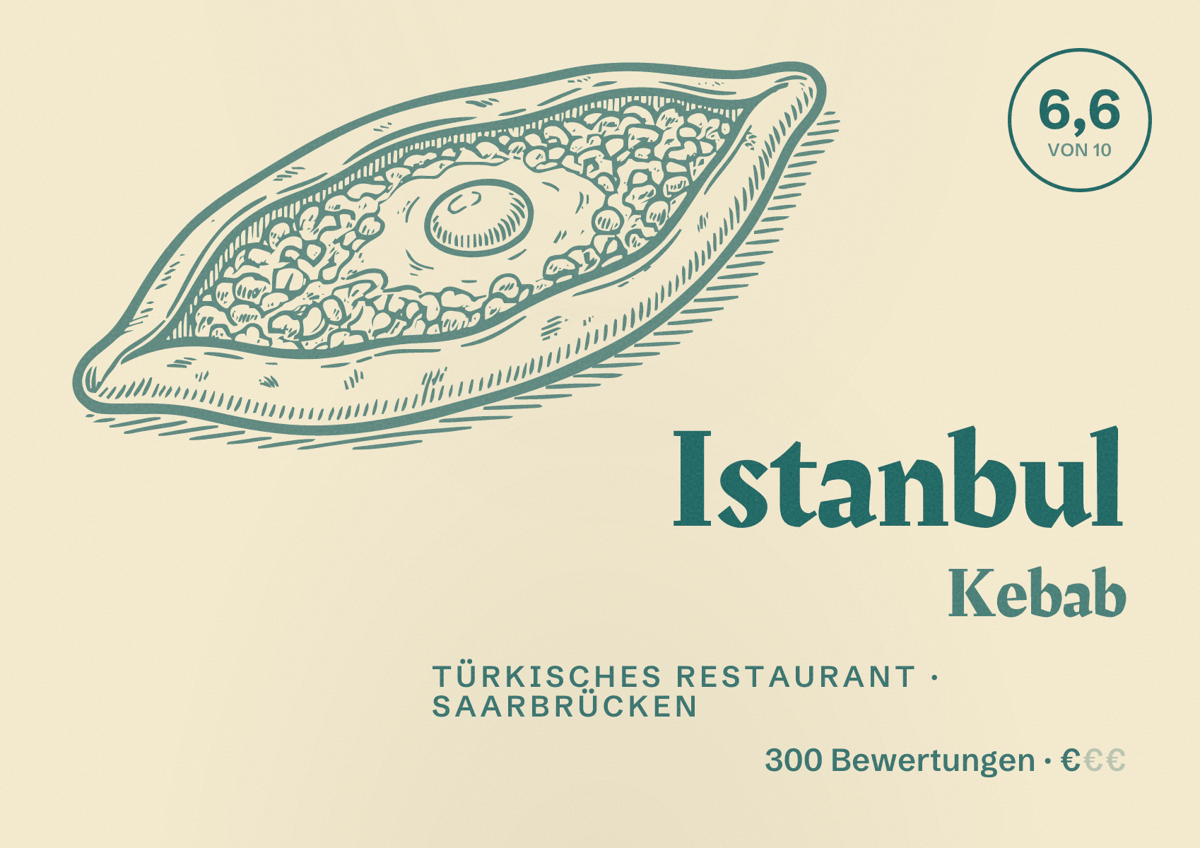 Illustriertes Poster von Istanbul Kebab, Türkisches Restaurant in Saarbrücken: Bewertung 6,6 von 10 aus 300 Bewertungen, Preisniveau €