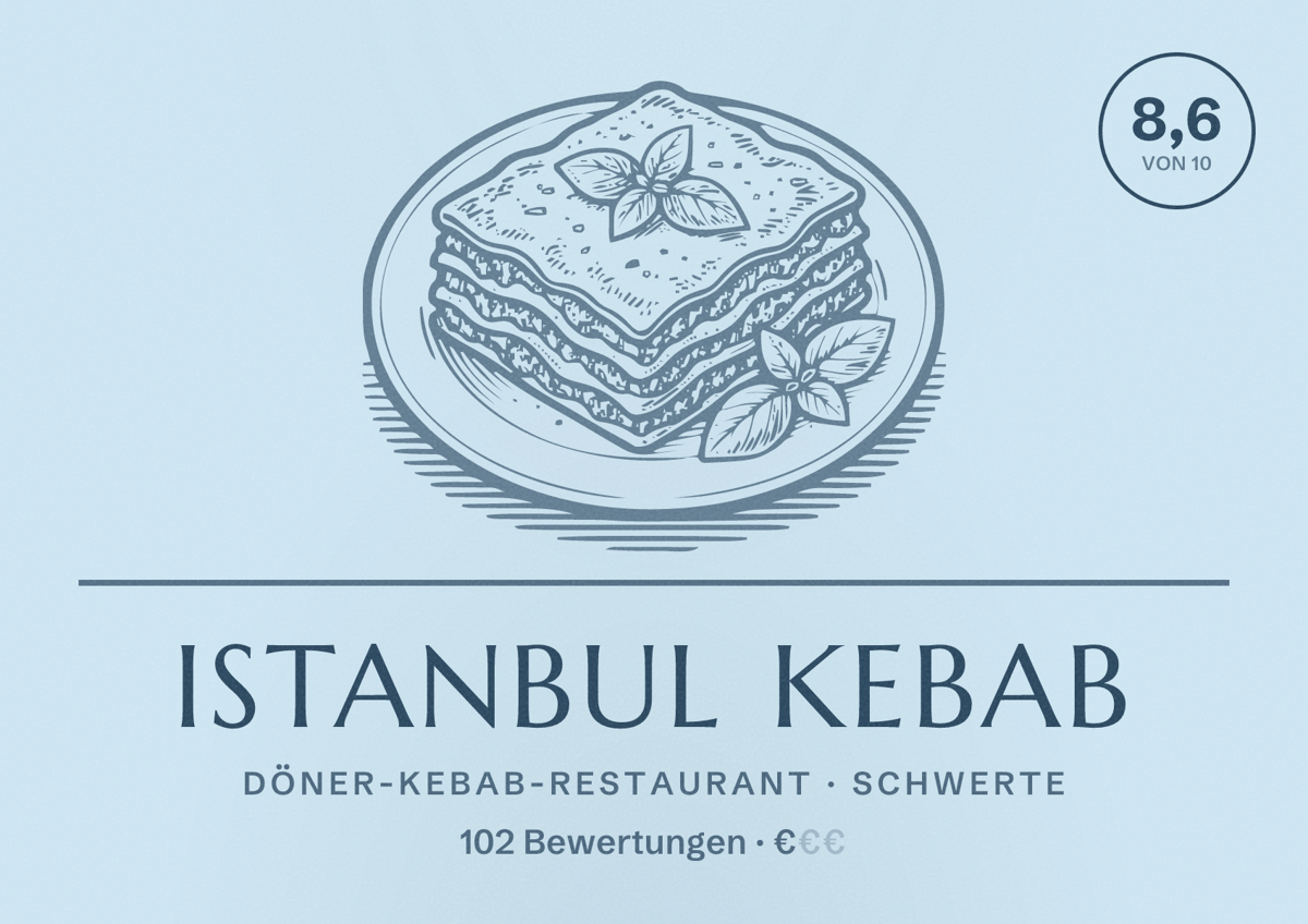Illustriertes Poster von Istanbul Kebab, Döner-Kebab-Restaurant in Schwerte: Bewertung 8,6 von 10 aus 102 Bewertungen, Preisniveau €