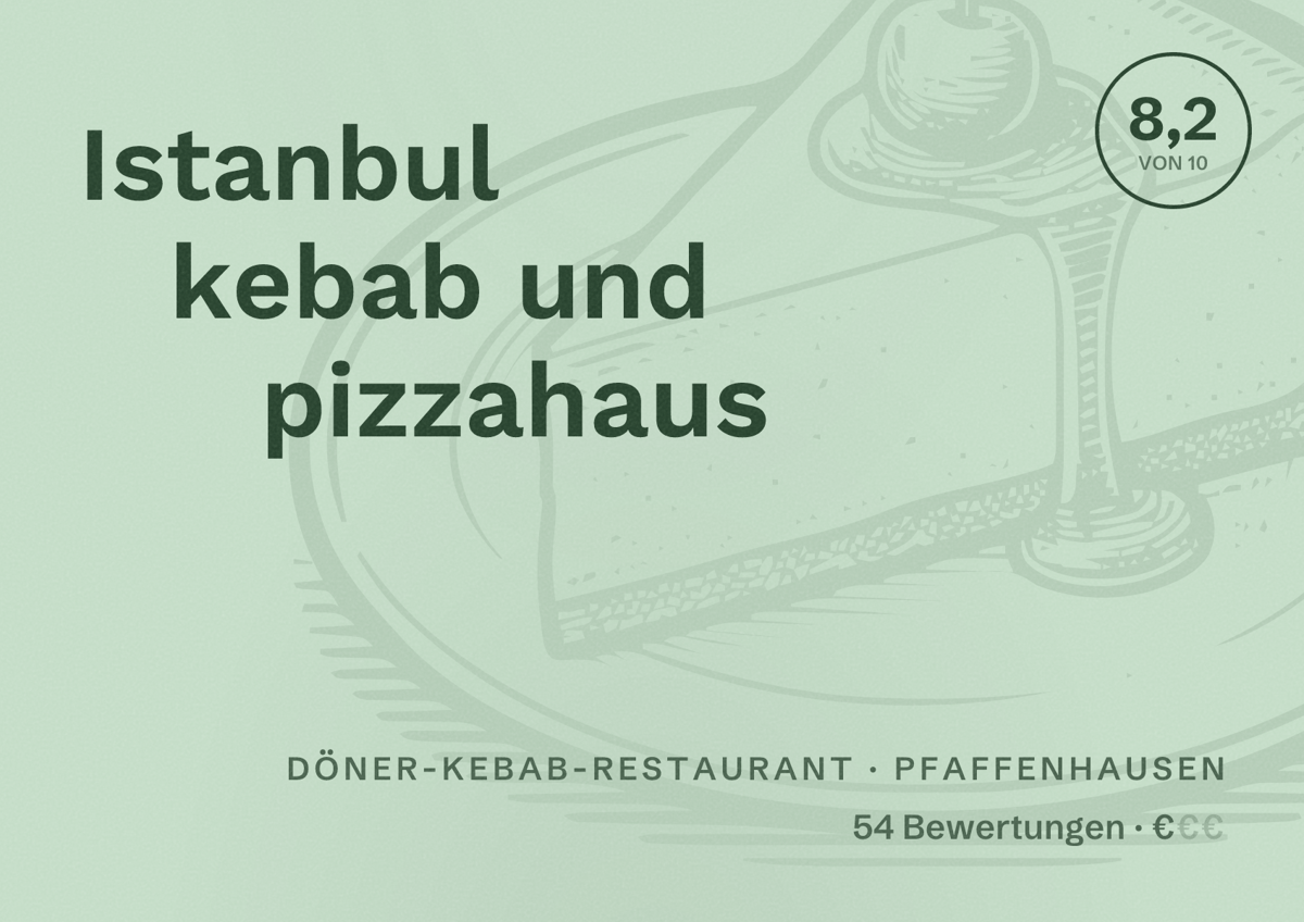 Illustriertes Poster von Istanbul kebab und pizzahaus, Döner-Kebab-Restaurant in Pfaffenhausen: Bewertung 8,2 von 10 aus 54 Bewertungen, Preisniveau €