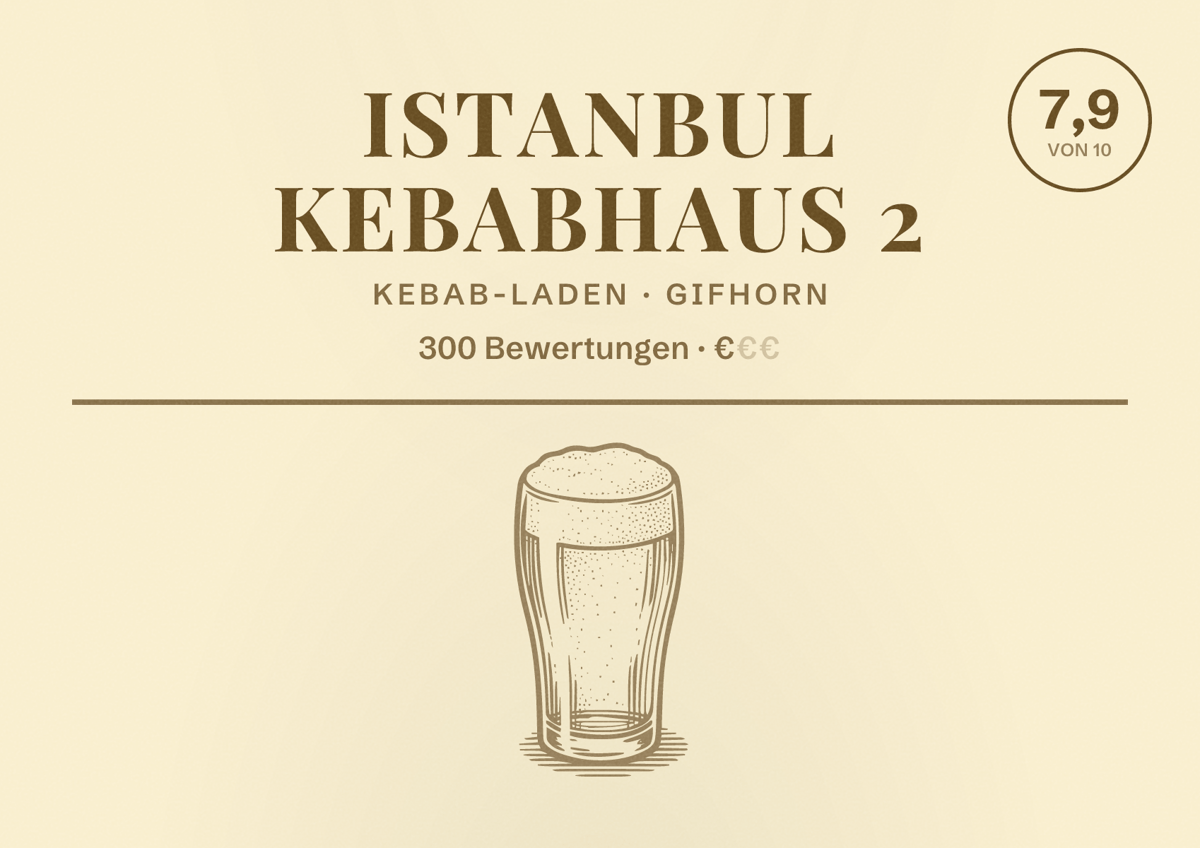 Illustriertes Poster von Istanbul Kebabhaus 2, Kebab-Laden in Gifhorn: Bewertung 7,9 von 10 aus 300 Bewertungen, Preisniveau €