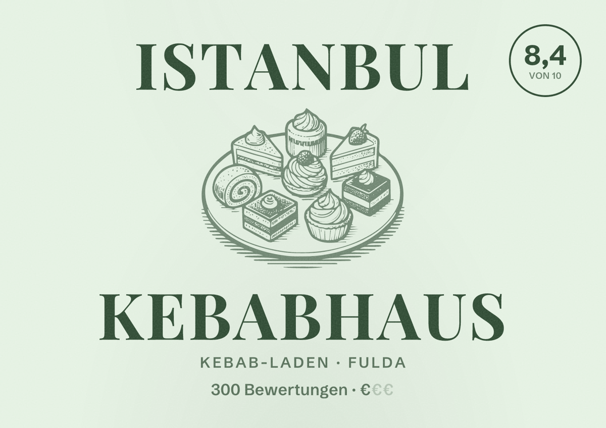 Illustriertes Poster von Istanbul Kebabhaus, Kebab-Laden in Fulda: Bewertung 8,4 von 10 aus 300 Bewertungen, Preisniveau €