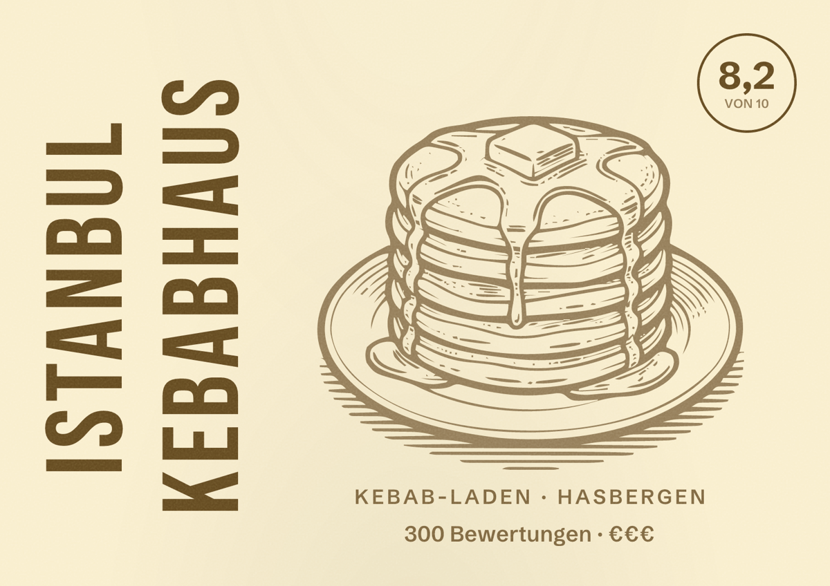 Illustriertes Poster von Istanbul Kebabhaus, Kebab-Laden in Hasbergen: Bewertung 8,2 von 10 aus 300 Bewertungen, Preisniveau €€€