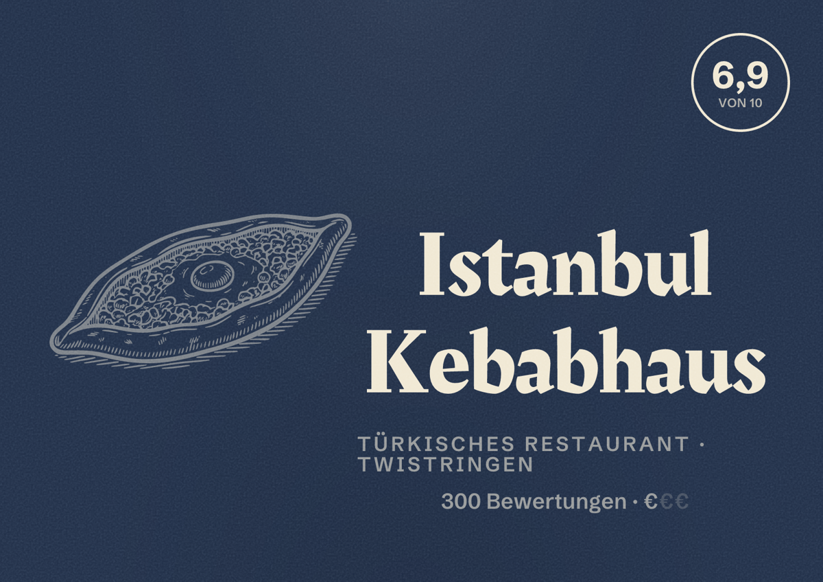 Illustriertes Poster von Istanbul Kebabhaus, Türkisches Restaurant in Twistringen: Bewertung 6,9 von 10 aus 300 Bewertungen, Preisniveau €