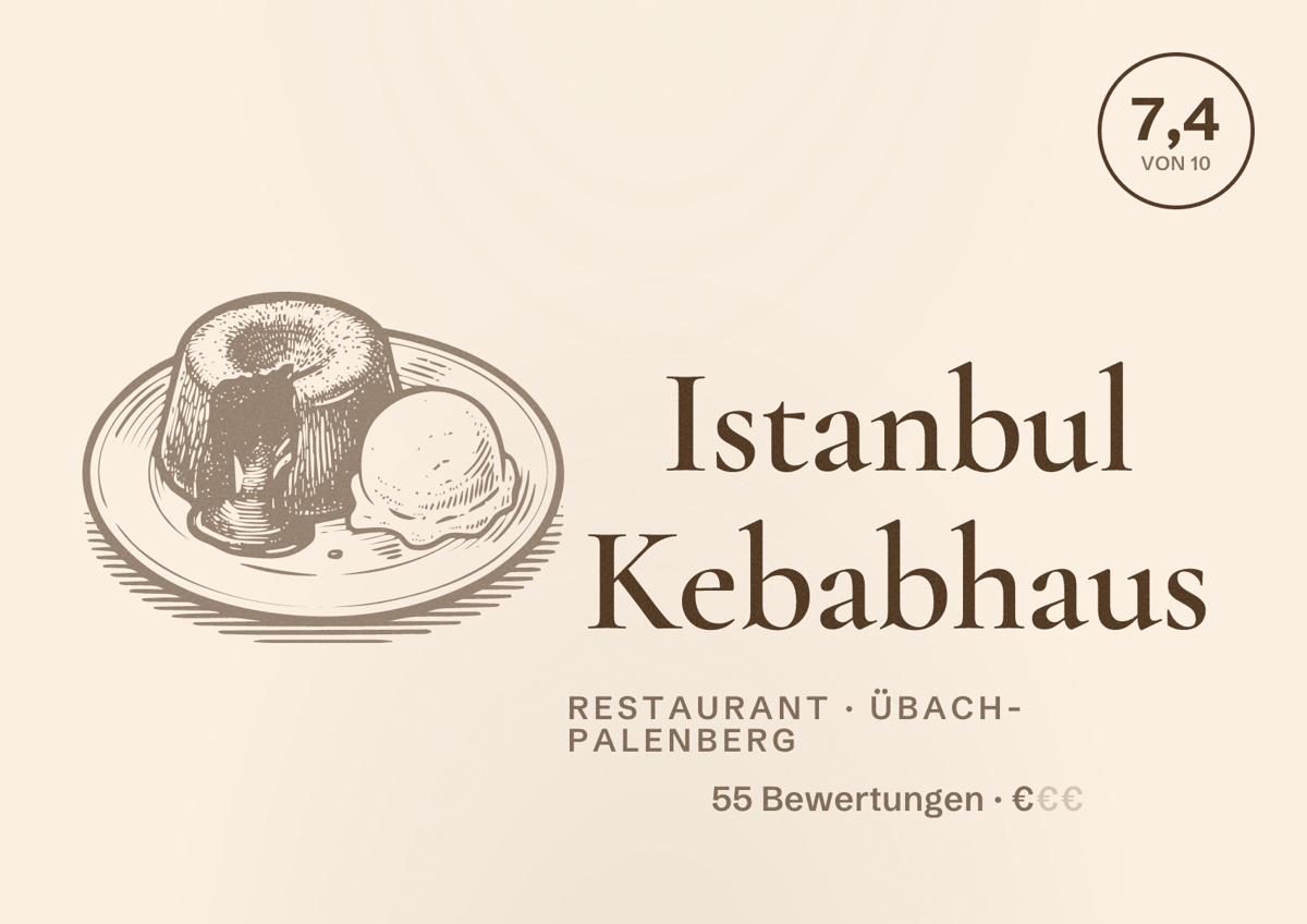 Illustriertes Poster von Istanbul Kebabhaus, Restaurant in Übach-Palenberg: Bewertung 7,4 von 10 aus 55 Bewertungen, Preisniveau €